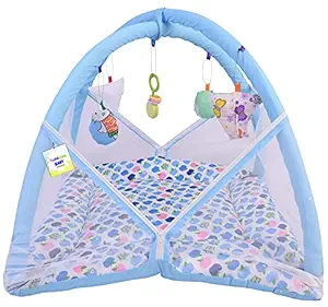 Toddylon New Born Baby Boys & Baby Girls Printed Bedding Set Play Gym Mosquito Net Bed with Hanging Toys & Pillow (0-6 Months Blue Dark Apple)