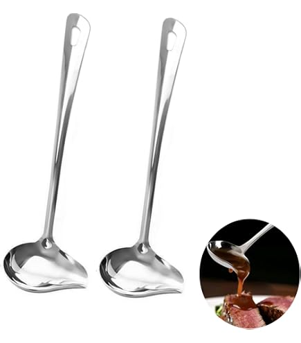 Fowecry Lot de 2 petites louches à sauce avec bec verseur, mini louche en acier inoxydable, passent au lave-vaisselle, durables, argentées
