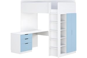 ‎SHEFA Shefa Kids Hochbett Mit Schreibtisch - Platzsparendes 5-in-1 Hochbett Kinder Mit Treppe, Kleiderschrank, Regal & Arbeitsbereich - Blau, Belastbar Bis 90 Kg, Maße: 206 x 107 cm