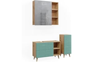 Vicco Set di mobili da bagno Rudi, Verde menta/Rovere, 3 parti