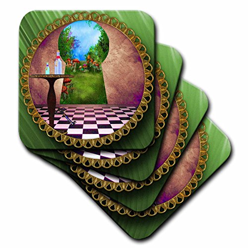 3dRose LLC cst_128860_3 Ceramic Tile Coasters, "Through The Keyholes Alice in Wonderland Art Checkered Floor Bottle of Magic Water", Set of 4