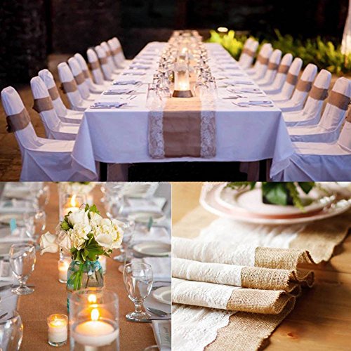 PsmGoods® Rustic Burlap Spitze Hessischen Tischläufer Natürliche Jute für Hochzeit Festival-Ereignis Tischdekoration 30x108cm-weiße Spitze - 7