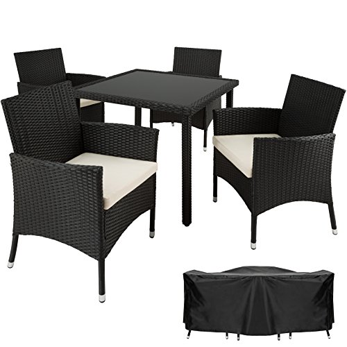TecTake Poly Rattan Gartenmöbel Gartengarnitur Essgruppe 4+1 | mit Edelstahlschrauben - Diverse Farben - (Schwarz | Nr. 402041)