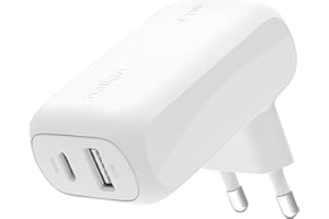 Belkin BoostCharge ładowarka USB 42 W z 2 portami, ładowarka USB C + USB-A; szybkie ładowanie do iPhone 16, 16 Plus, 16 Pro, 16 Pro Max, 15, 14, 13, Galaxy S24, S23, Plus, Ultra, iPad, AirPods, biała