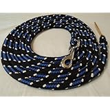 Bodenleine aus Baumwolle schwarz-blau-natur 6,70 Meter mit Karabinerhaken silber und Lederende