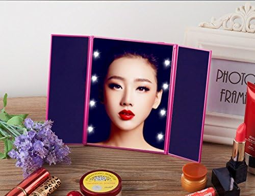 Private Twinkle Portable Makeup Mirror Foldable Compact Double Facetes Pocket Mirror with LEDs Cosmetic Illuminated Handbag Three Fold Mirror Excellent for Travel (Pink)