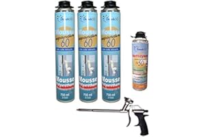 DSTOCK60 - LOTTO DI 3 SCHIUME PISTOLABILI + 1 PISTOLA + 1 PULITORE - SCHIUMA ESPANSIBILE 750 ML - SCHIUMA POLIURETANICA PROFESSIONALE - ISOLANTE, COLLA E REPLUG - ESTERNO ED INTERNO