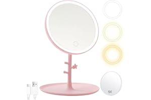 GVEFIVME Kosmetikspiegel mit LED Licht, Schminkspiegel Beleuchtet für Schminken Rasieren und Tragen der Kontaktlinsen, 3 Lichtfarben und Dimmbare Helligkeit (pink)