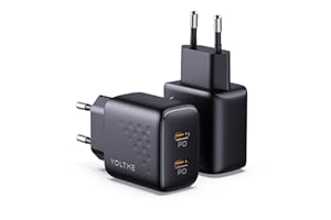 VOLTME Caricatore USB C Doppio 20W 2-Pack, Caricatore Tipo C Presa Spina USB-C Ricarica Rapida PD3.0 e PPS Ideale per iPhone 14 Pro Max 13 Pro 12 11 XR/S21/22/iPad Pro/Pixel 6, Xiaomi, ecc., Nero