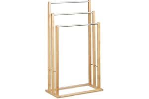 HOMION Towel Holder Freestanding with 3 Towel Rails, Towel Stand for Bathroom, Wood, Stainless Steel, HWD: 84 x 46 x 24.5 cm, Natural Camper Van Caravan Camping Shed Garage Rail