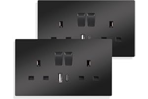JIMEIDA Black Double Switched Power Socket 2 Pack 13 Amp with USB-A and Type-C Charging Ports Crystal Wall Outlet Power Socket 146mm*86mm