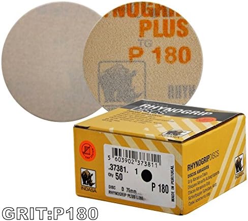 Indasa Plus Line Rhynogrip DA Abrasive Discs 75mm P180 Grit - 3" Mini Hook'N'Loop HookIt Sander Discs Hookit Hook'N'Loop HookIt Fixing System Automotive/Marine/Wood Sanding Disc