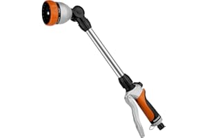 RESTMO Garten Gießstab Metall, 42cm Lang Gartenbrause mit Stiel, 180° schwenkbaren Kopf Stabbrause mit Durchflusskontrolle, 7 Sprühbilder Bewässerung Zauberstab für Blumenampeln und Sträucher, Orange