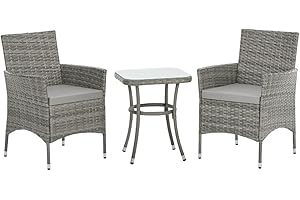 EVRE Copenhagen Outdoor Rattan Garden Bistro Set 3 Piece Wicker Table and Chairs Furniture with Cushions Glass Top Coffee Table for Conservatories Balcony Patio Poolside and Terrace (Grey)