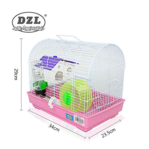 DI ZE LIN PET HOME S.L DZL® Jaula para Hamster 34 * 23.5 * 29cm,jaulas Hamsters Chalet con caseta comedero Bebedero Rueda y Escalera (Rosa)