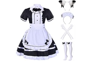 Alaiyaky Maid Dress Cosplay Anime Set, lindo traje de niña con orejas de gato, diadema, guantes, medias, disfraz clásico de cafetera, vestido de dama francesa para carnaval, Halloween, mascarada