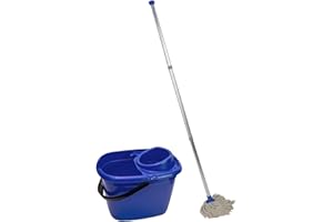 Abbey Professional Mop and Bucket Set Heavy Duty with Wringer and Two Traditional Cotton Mop Heads for Cleaning Floors – Strong Aluminum Mop Handles – Mop Bucket Capacity 12L with Pouring Lip (Blue)