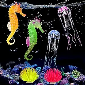 Glowing Aquarium Ornaments Silicone Fish Tank Decor Artificial Sea Anemones Decorations Including Coral Jellyfish Sea Horse, Christmas Tree Sillicon Ornament Decoration for Aquarium Fish Tank
