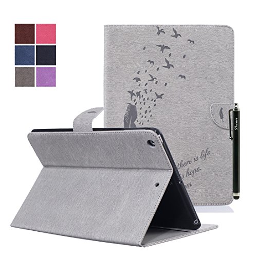 iPad Air Hülle, Deenor Stilvoll 3D Drucken Feather und Vögel Serie Brieftasche Tasche PU Leder Flip Protective Stand Tasche Schutzhülle Hülle für Apple iPad Air (2013 Version).[Feather-Grey]