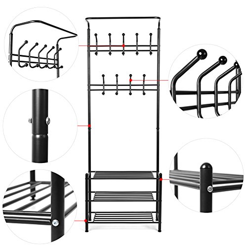 HOMFA Garderobenständer Kleiderständer 3 Ablagefächer Schuhablagen mit 18 Garderobenhaken, Höhe 190cm, Breite 68cm, Tiefe 30cm, Schwarz - 3