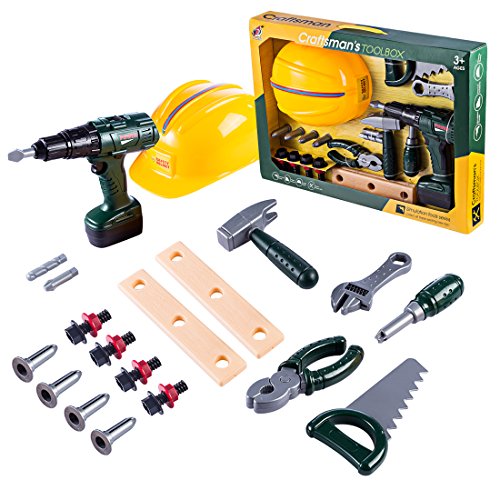 OviTop 19Pcs Dînette Enfant Kit Chantier Jeu d'imitation Perceuse Casque et Lunettes de Protections Cadeau idéal pour Anniversaire, Fête