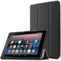 Infiland Nuevo Tablet Fire 7 2017 Funda, Ultra Delgada Tri-Fold Case Cover PU Cuero Cascara con Soporte para Amazon Fire 7 Tablet (Pantalla de 7'', 7th Generation - 2017 Release)(Negro)