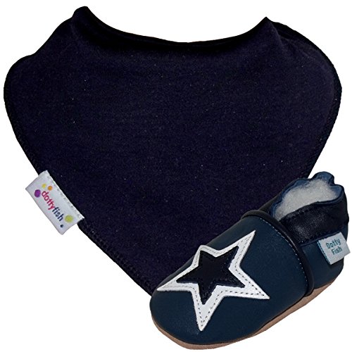 Soft Leather Baby boys Shoes with Suede Soles by Dotty Fish with Suede Soles. Navy and White Star design with navy bandana bib. - 0-6 months