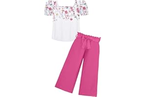 Arshiner Girls Clothing Sets Kids Fashion T-shirts with Trousers Set Puff Sleeves Top with Printed Trousers Set Summer Casual Outfits for Girls 5-14 Years