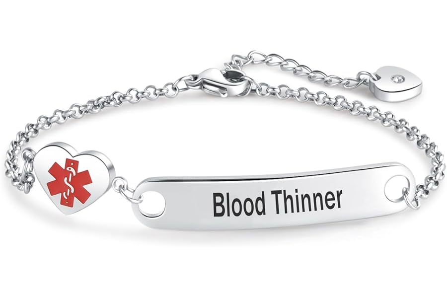 LSxAB Heart Medical Alert ID Bracelet for Women Girls Emergency First Aid Stainless Steel Adjustable Chain Bracelets