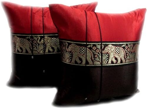 One Pair Red &amp; Brown Elephant Middle Stripe Throw Cushion Cover/Pillow Sham Handmade by Satin and Thai Silk for Decorative Sofa, Car and Living Room Size 16 X 16 Inches