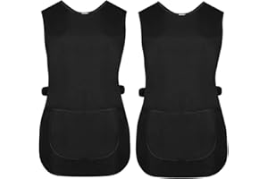 ACE ONLINE Pack of 2 Ladies Womens Tabards Black Kitchen Cleaning Chef Overall Catering Tabard Apron with Pocket Side Button Fastening