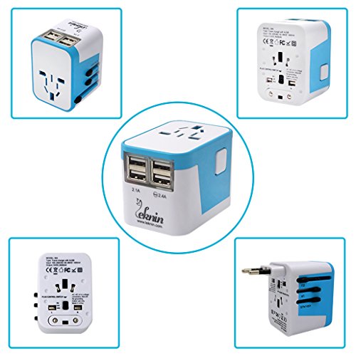 Universal Reiseadapter Reisestecker mit 4 USB-Ports – Leknin All in One Internationaler Reiseadapter für Weltweit Steckdosen US UK EU AU Alles dabei, Wechselspannung & Überspannungsschutz, 2 USB-Ports für schnelles Aufladen (Blau) - 7