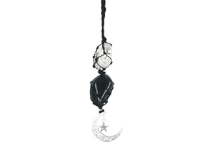 PEILI White Crystal Obsidian Stone Cute Car Hanging Accessories for Women and Men,Hanging Car Interior Charm Ornaments with Moon and Star