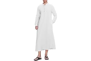 NANAMEEI Thobe for Men Cotton Linen Kaftan Long Sleeve Muslim Mens Clothing Long Gown Robe