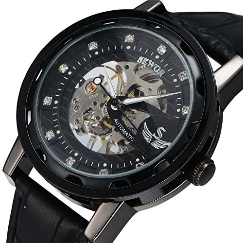 SEWOR Men's Hollow Skeleton Hand-winding Mechanical Leather Strap Wrist Watch With Diamonds Decoration