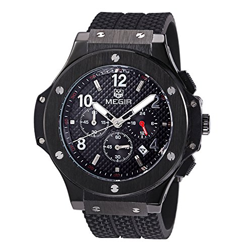 Megir Uhren Herren Casual Armbanduhr Schwarz Silikon Armband Analog Quarz Kalender Chronograph 3ATM wasserdicht 3002G Megir Uhren Herren Casual Armbanduhr Schwarz Silikon Armband Analog Quarz Kalender Chronograph 3ATM wasserdicht 3002G