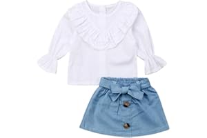 Verve Jelly Ropa para niñas pequeñas, conjuntos de camisa con volantes de manga larga acampanada, Tops + faldas cortas con lazo de mezclilla, conjunto de ropa de primavera y otoño de 2 uds.