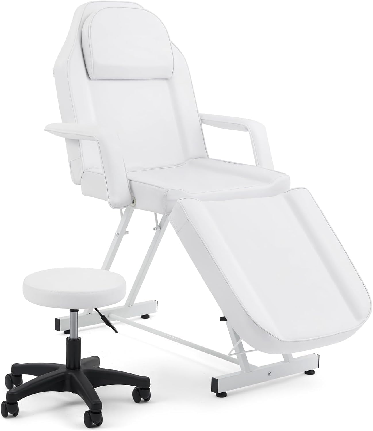 Drmilito Cama de Masaje Profesional Camilla Masaje Plegable con Taburete 3 Zonas Camilla Estetica Fisioterapia Ajustable Reposacabezas para SPA, Tatuaje, Facial, Pedicure Therapy (Blanco)