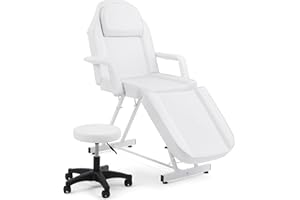 JINPALAY Camilla Masaje Plegable con Taburete 3 Zonas Cama de Masaje Profesional Fisioterapia Ajustable Reposabrazos Reposacabezas para SPA, Tatuaje, Facial, Pedicure Therapy (Blanco)