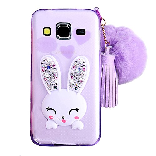 Samsung Galaxy Core Prime Funda   Sunroyal Carcasa TPU Transparente Silicona Suave Gel  Resistente a Ara  azos  Ultra Slim Case Cover   Diamante Orejas de Conejo Con Funci  n Soporte   Acollador   Bola de Pelo Lanudo de las Borlas para Samsung Galaxy Core Prime G360 SM-G360F- P  rpura Conejo