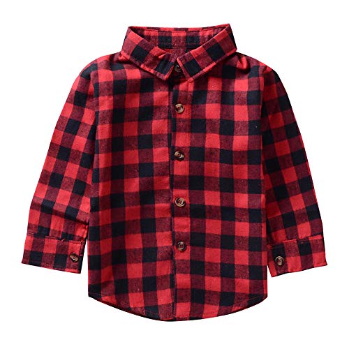 Chemise Carreaux Rouge Manche Longue Bébé Enfants Chemisier Fille Garçon Classique en Coton Ultra-Doux T-Shirt Haut Basique avec Bouton Moignon Cadeau de Nouvel Ans pour Bébé