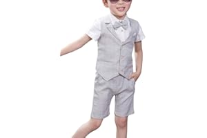 Shengwan 4 Stück Kinder Junge Anzug Sommer Hochzeit Anzüge Weste + Kurzarm Hemd + Kurze Hose + Bowtie Kinderanzug Festlich Outfit