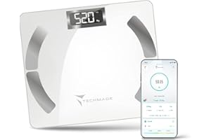 TECHMADE Balance Pèse Personne Numérique Balance Impédentiométrique Intelligente Sans Fil pour IOS et Android avec Index de Mesure de Masse Graisse, Masse Maigre et Métabolisme Basal Couleur Blanc