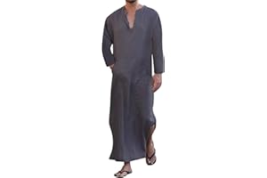 YAOHUOLE Men's Loose Linen V-Neck Long Sleeve Lounge Robes with Pockets