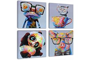 SKYME ART S-ANT Tableau mural moderne avec motif de grenouille panda avec lunettes, dessin animé images de dessin animé peinture à l'huile sur toile pour chambre d'enfants décoration de salon