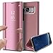 Produktbild KunyFond Überzug Spiegel Hülle für Samsung Galaxy S7 Edge PU Leder Tache Brieftasche Schutzhülle Durchsichtig Clear View Handyhülle Ledertasche Flip Wallet Cover Standfunktion Schale Case (Roségold)