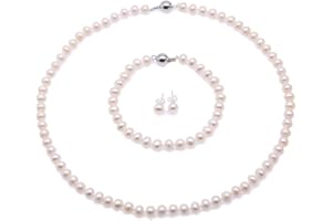 JYX Perlenkette Weiß eechte perlenkette weiss Süßwasser Perlenkette, Armband und Ohrstecker Set - Perlen Schmuckset Damen - AA Qualität (5-6mm Flache Runde Perle)