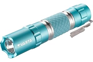 VARTA Lampe Torche LED incl. 1x pile AA, Lipstick Light, lumière, lampe de poche avec dragonne, boîtier en aluminium et poignée en caoutchouc, facile à trouver - brille dans le noir, turquoise