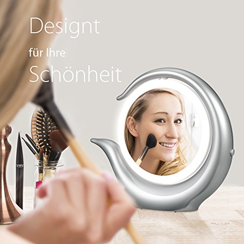 Jerrybox LED Beleuchteter Schminkspiegel, Zweiseitiger Kosmetikspiegel mit 1× / 7× Vergrößerung, Makeup Spiegel mit Beleuchtung, 360 Grad Drehbare Spiegel mit Eingebauter Schublade, Einstellbar und Dimmbar Tischspiegel, Silber - 7