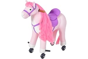 HOMCOM Plush Walking Horse Ride On Toy with Wheels and Realistic Sounds Rocking Horse for Girls Boys 3+ Years Old, 50cm Tall, Pink